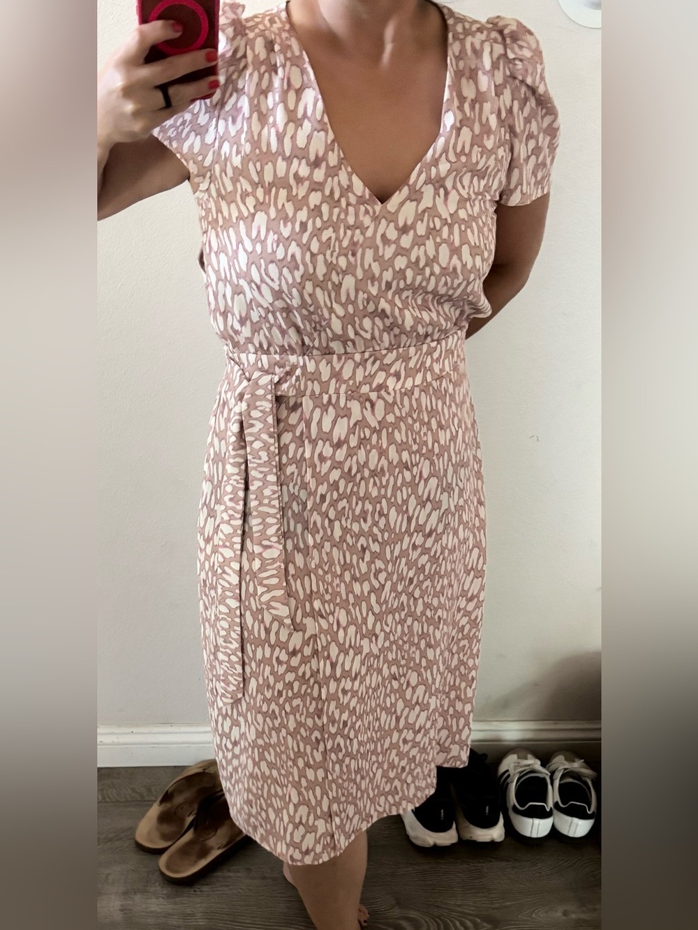 Midi Wrap-Style Dress in Blush Leopard Pink and White Print (L)